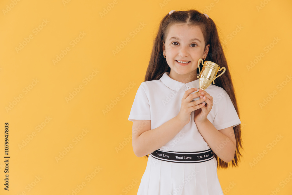 Happy girl proudly holding a golden trophy against a vibrant yellow backdrop, celebrating her achievement and success Happy girl proudly holding a golden trophy against a vibrant yellow backdrop, celebrating her achievement and success
