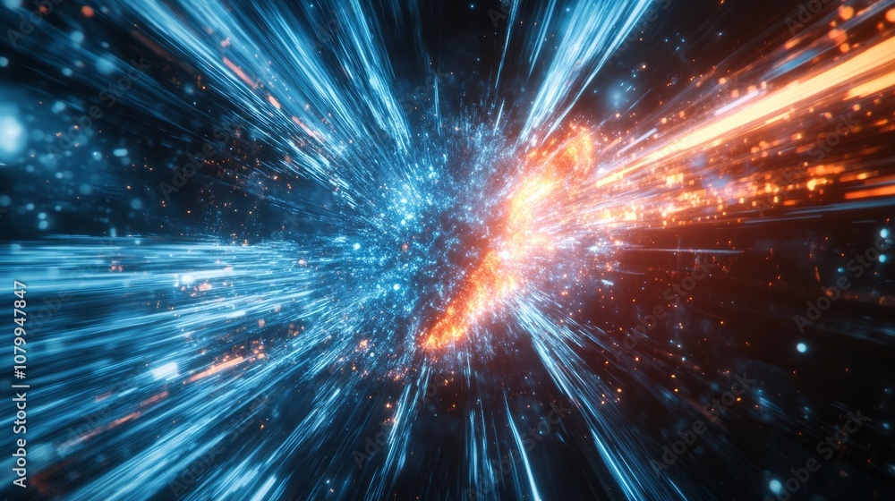 Naklejka premium A dynamic sci-fi wallpaper illustrating the concept of hyper-speed space travel, with vivid glowing data streams and explosive motion, set against a single color background