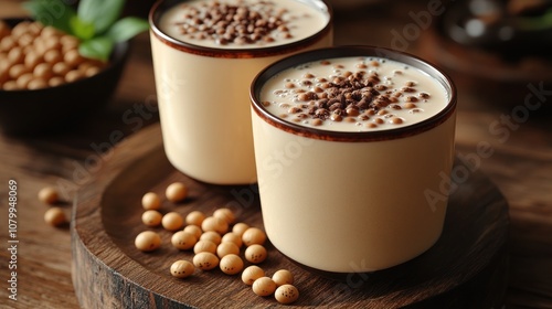 Creamy dessert cups topped with chocolate, surrounded by soybeans.