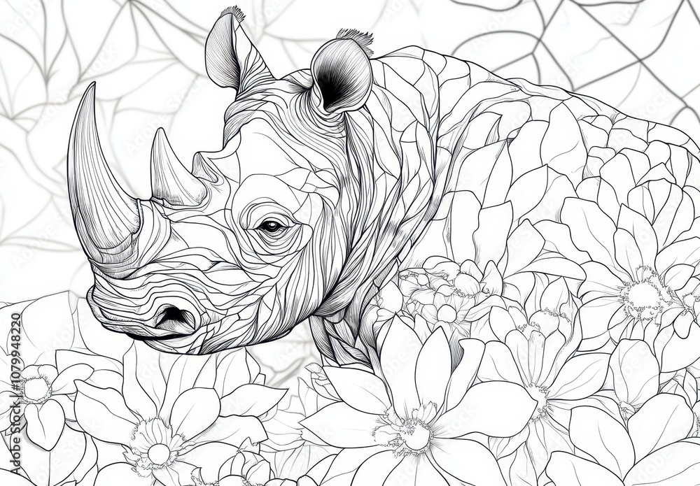 Obraz premium A detailed line drawing of a rhinoceros surrounded by various flowers, showcasing intricate patterns and floral designs.