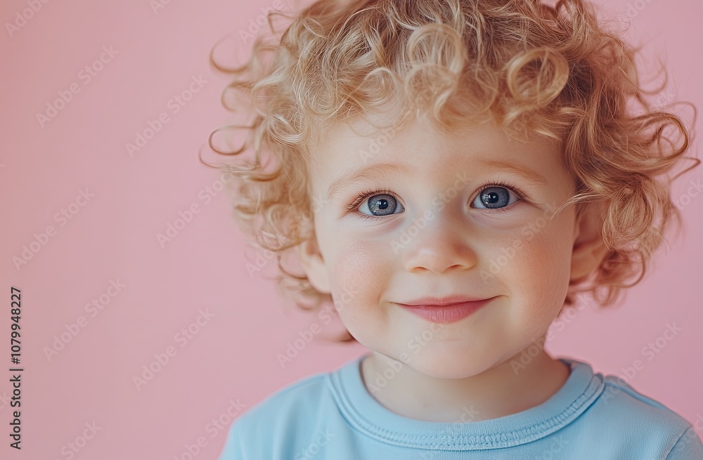 Cute, happy, smiling toddler child with blond, curly hair, isolated on a pastel pink background. Cute, happy, smiling toddler child with blond, curly hair, isolated on a pastel pink background.