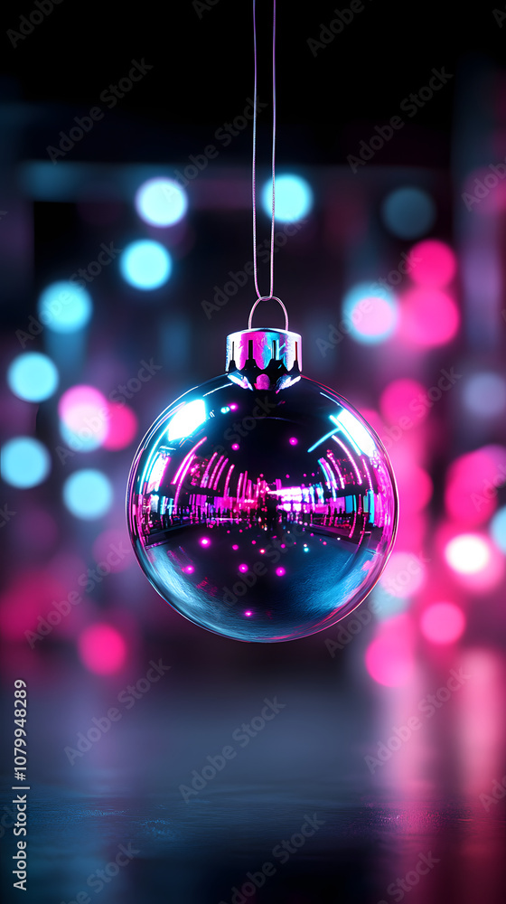 Schwebende Weihnachtskugel mit neonfarbenem Bokeh-Hintergrund Schwebende Weihnachtskugel mit neonfarbenem Bokeh-Hintergrund