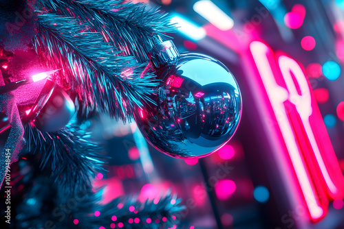 Neon-Weihnachtskugel mit reflektierendem Bokeh-Hintergrund photo