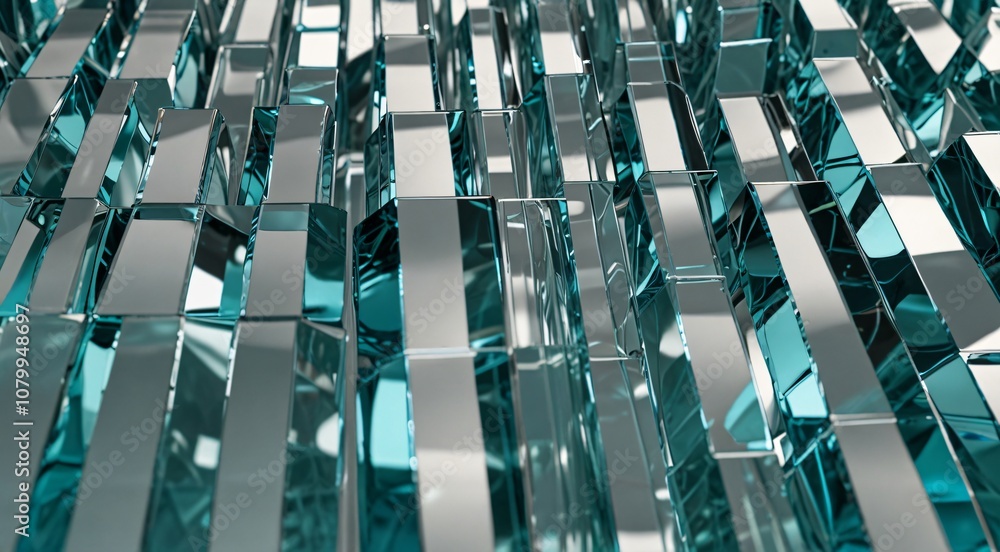 Fototapeta premium Futuristic glass blocks background, abstract teal crystal texture, geometric 3d glass pattern with reflective surfaces and light refraction