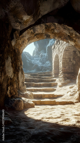 Wallpaper Mural 3D Illustration Cave Entrance Stone Steps Archway Sunlight Torontodigital.ca