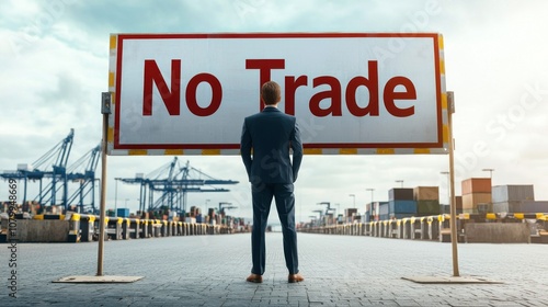 Giant NO TRADE sign towers over businessman on dock photo