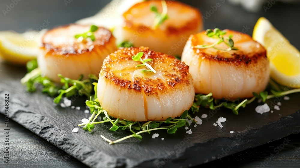 Seared Scallops with Microgreens on Slate Plate: Professional Food Photography Showcasing Clean Composition, Negative Space, and Natural Lighting. Seared Scallops with Microgreens on Slate Plate: Professional Food Photography Showcasing Clean Composition, Negative Space, and Natural Lighting.