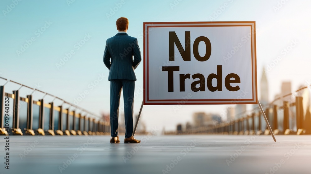 Back view businessman staring at 'No Trade' sign bridge Back view businessman staring at 'No Trade' sign bridge