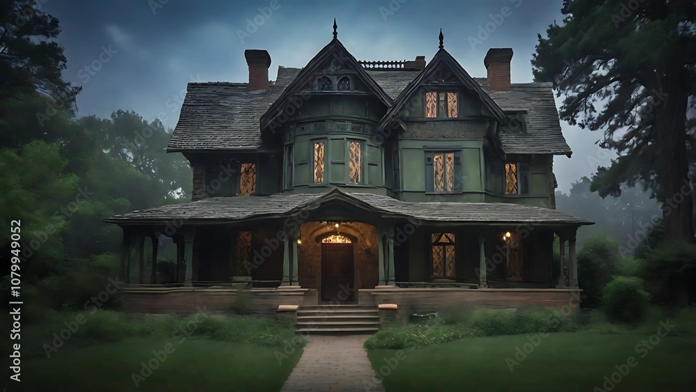 Fototapeta premium An old house stands quietly beneath a dark sky, surrounded by bare trees, with its yard stretching out in eerie silence.