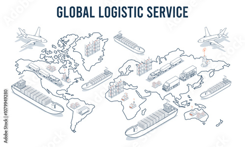 Global logistic service concept with Automated Guided Vehicles (AGVs) and Autonomous Mobile Robots (AMRs) and warehouse business. Vector illustration EPS 10