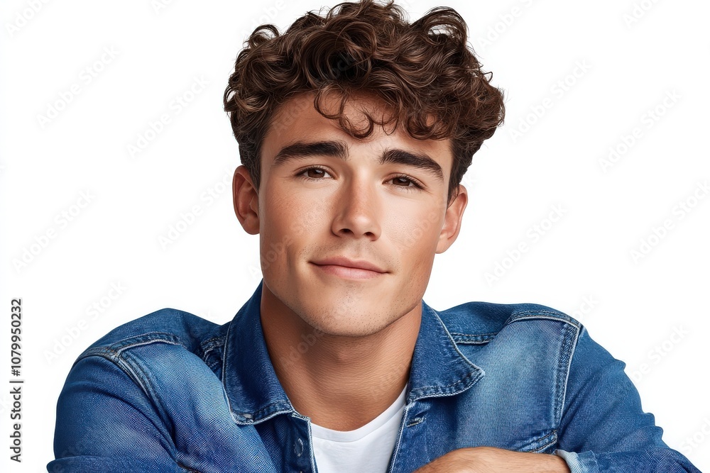 Fototapeta premium A young man with curly hair smiles, wearing a denim jacket against a white background.