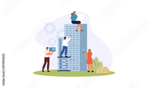 Building house process at construction site, work with floor plan illustration
