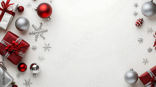 Christmas background with baubles festive gifts and snowflakes photo