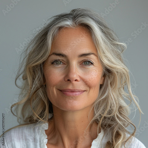 Smiling light-skinned 65 years old Swedish woman, studio.