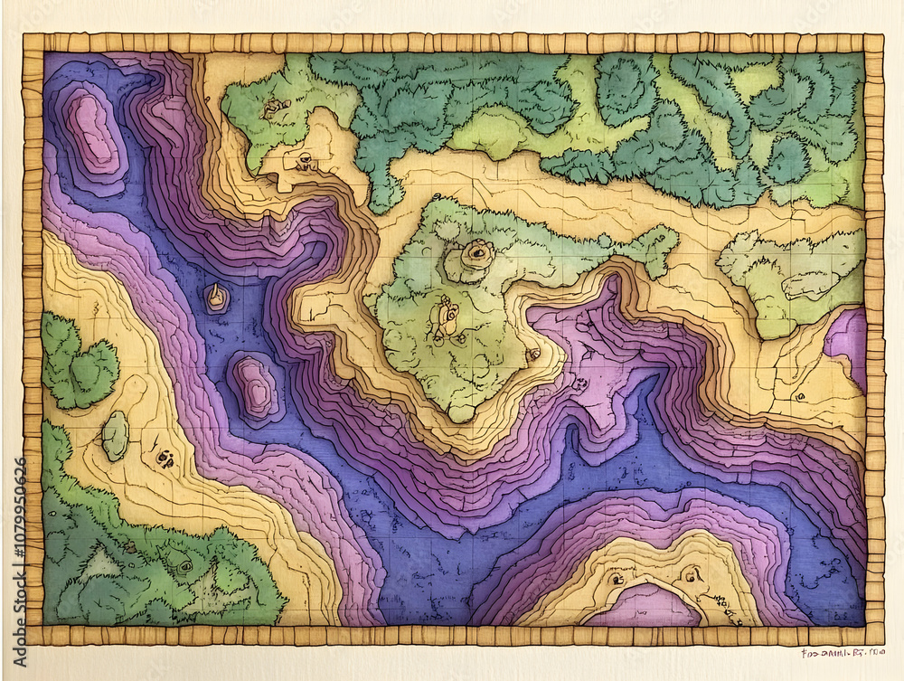 Obraz premium Illustration Fantasy Map Terrain Land Water Forest Topographic