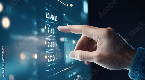 Hand pointing at futuristic display with loading bar photo