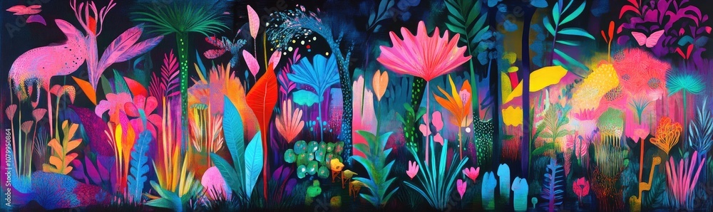 Fantasy jungle with oversized, glowing plants in bold colors, inhabited by surreal, neon colored animals Fantasy jungle with oversized, glowing plants in bold colors, inhabited by surreal, neon colored animals