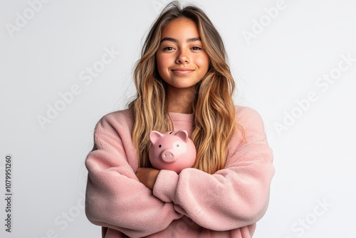 A young woman in a pink sweater holding a piggy bank, smiling confidently.