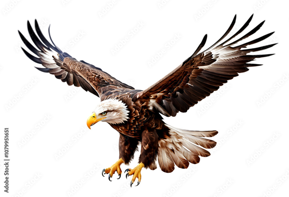 Obraz premium Majestic Bald Eagle Soaring In Flight. The eagles sharp gaze and powerful talons are prominent. 