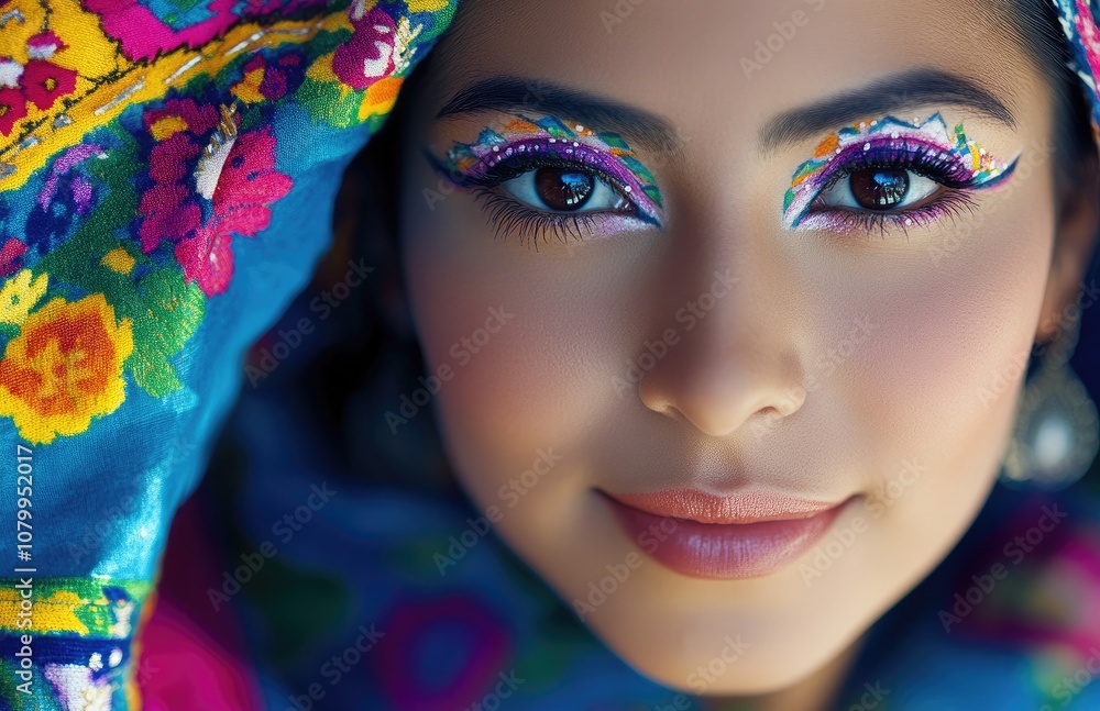 Close-up of a Mexican woman during the day, wearing traditional with bright colors and patterns, and eye makeup Close-up of a Mexican woman during the day, wearing traditional with bright colors and patterns, and eye makeup