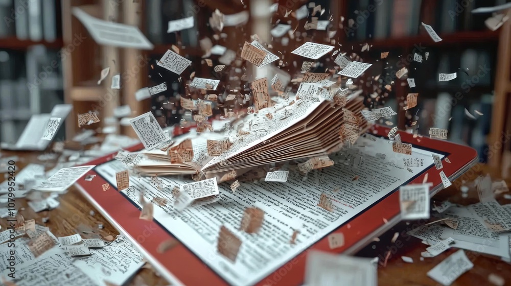 Naklejka premium Exploding Book Pages in a Library Setting
