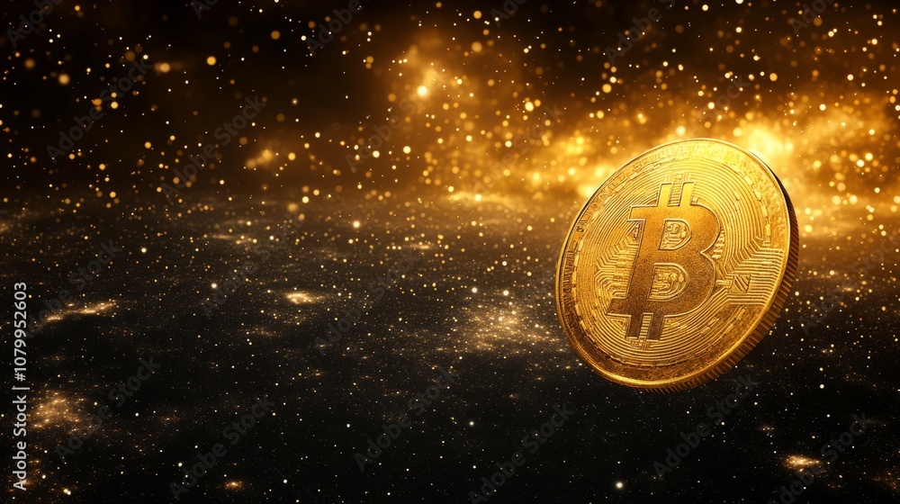 Fototapeta premium A glowing cryptocurrency coin lying on a sleek, reflective surface, with data streams surrounding it