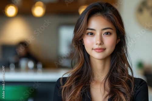 A young woman with long hair smiles warmly in a modern indoor setting.