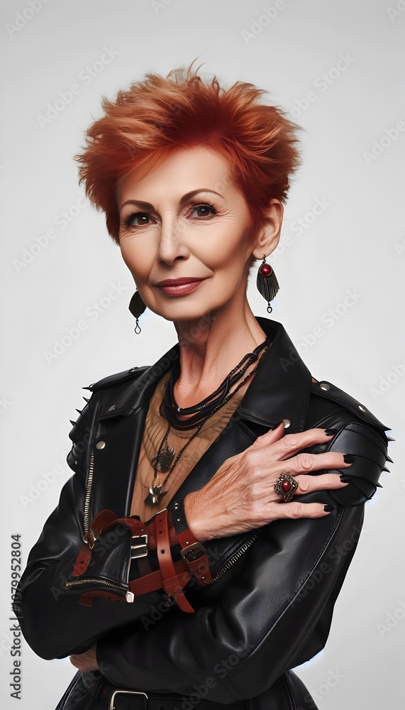 Fashionable Elderly Caucasian Woman with Red Hair in Leather Shirt & Jewelry on Bright Background Fashionable Elderly Caucasian Woman with Red Hair in Leather Shirt & Jewelry on Bright Background