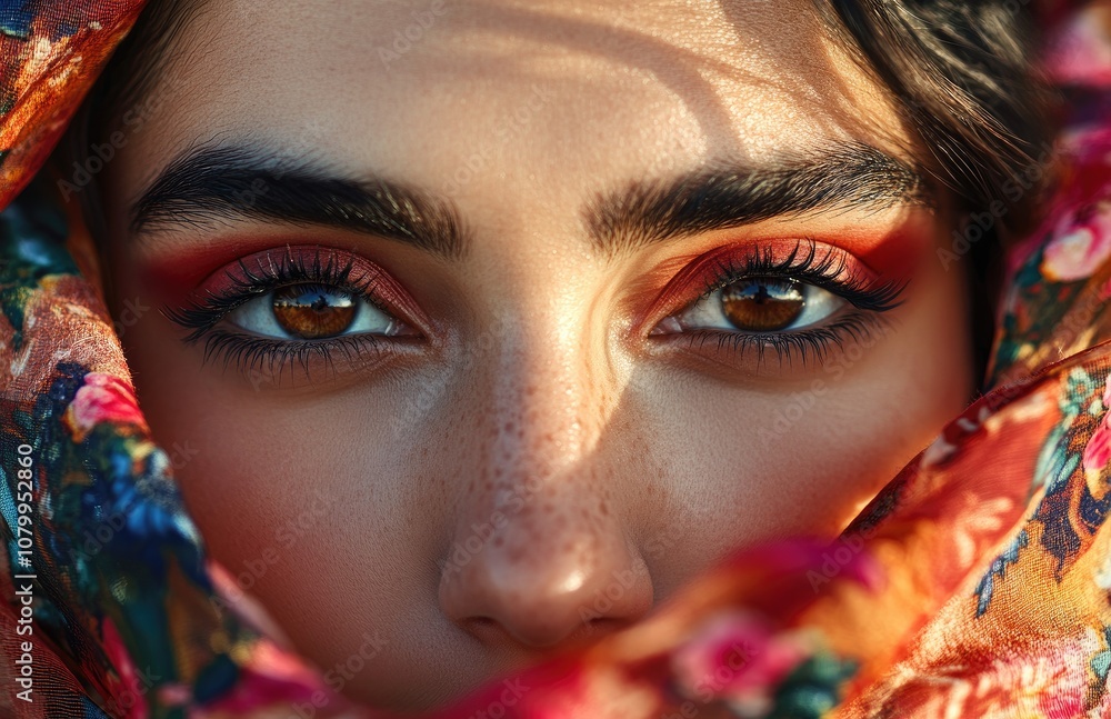 Close-up of a Mexican woman in traditional dress, wearing makeup and red eyeliner with colorful shawls Close-up of a Mexican woman in traditional dress, wearing makeup and red eyeliner with colorful shawls