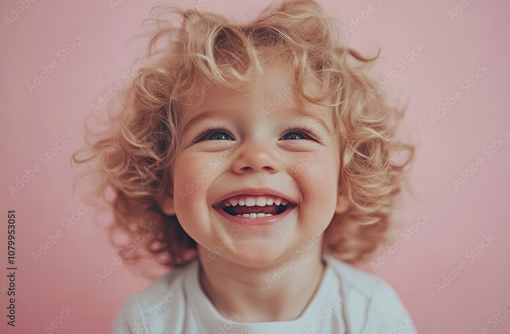 Cute, happy, smiling toddler child with blond, curly hair, isolated on a pastel pink background. Cute, happy, smiling toddler child with blond, curly hair, isolated on a pastel pink background.