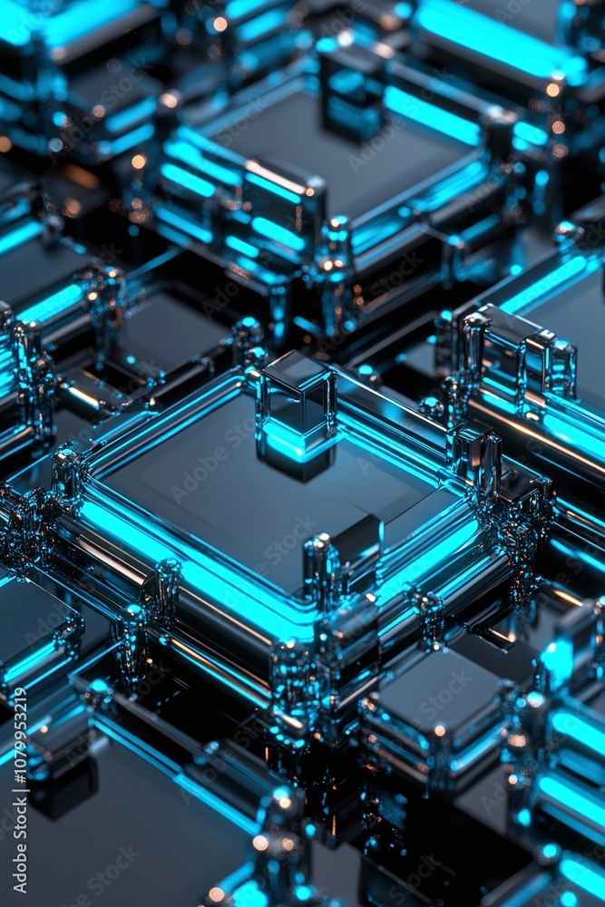 Fototapeta premium Futuristic Abstract Technology Background with Shiny Blue Transparent Cubes and Geometric Shapes Creating a High-Tech Digital Environment