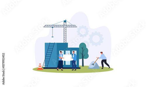 Building house process at construction site, work with floor plan illustration