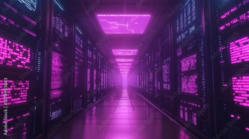 A high-tech data center with digital ledgers and cryptocurrency symbols projected in the air