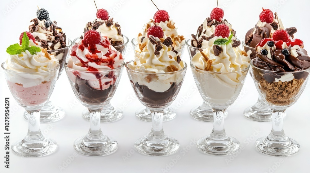 Indulgent Array of Ice Cream Sundaes with Varied Toppings and Flavors Served in Elegant Glass Bowls for a Tempting Dessert Display Indulgent Array of Ice Cream Sundaes with Varied Toppings and Flavors Served in Elegant Glass Bowls for a Tempting Dessert Display