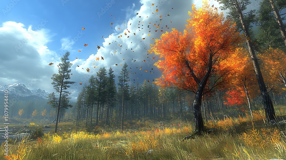 A lone autumn tree with vibrant orange leaves stands out in a vast, scenic forest with snow-capped mountains in the background. A lone autumn tree with vibrant orange leaves stands out in a vast, scenic forest with snow-capped mountains in the background.