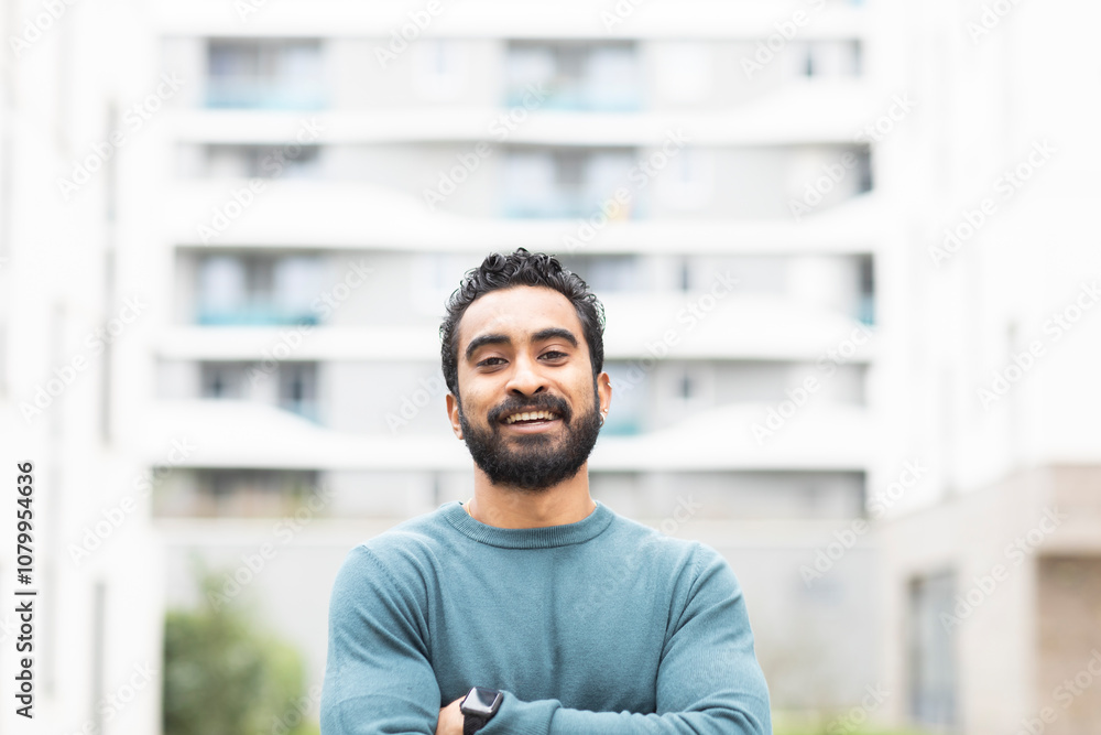 Portrait of a young man with a beard with fashionable houses Portrait of a young man with a beard with fashionable houses
