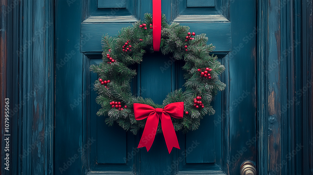 Natural festive Christmas wreath with a red bow displayed on a c Natural festive Christmas wreath with a red bow displayed on a c