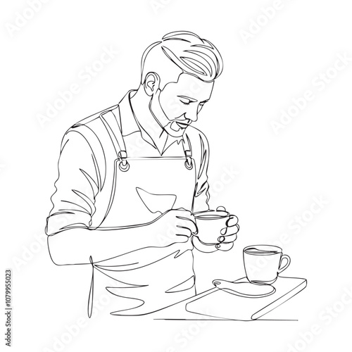 man barista latte art continuous line drawing vector illustration