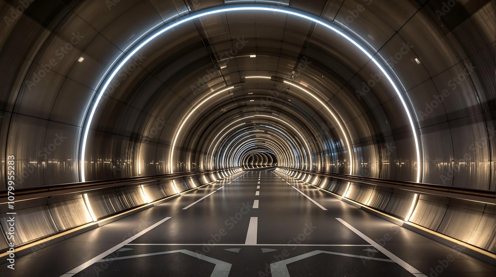 A futuristic well-lit tunnel with a sleek metallic design and illuminated arcs, creating a visually striking and modern atmosphere A futuristic well-lit tunnel with a sleek metallic design and illuminated arcs, creating a visually striking and modern atmosphere