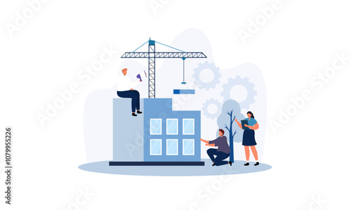 Building house process at construction site, work with floor plan illustration