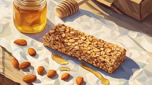 Toasted Seeds and Nuts Granola Bar on Parchment Paper: Clean Commercial Composition with Honey Jar and Scattered Almonds, Soft Natural Lighting, and Negative Space.