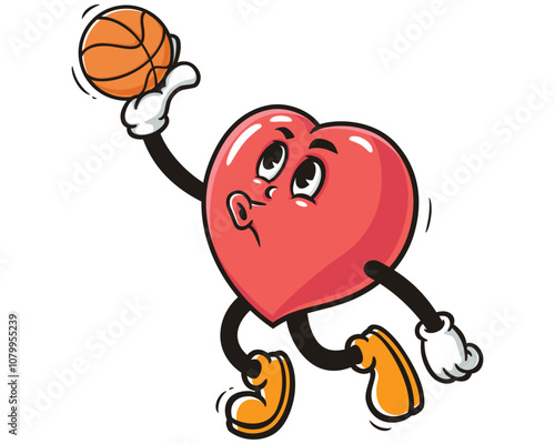 Love Heart playing slam dunk basketball,  Cartoon Mascot Illustration Character Vector Clip-art Hand-drawn Logo Design