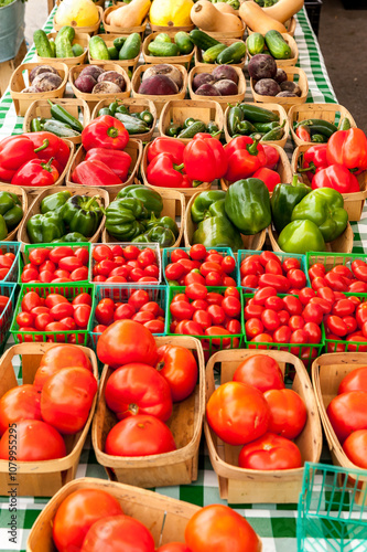 Peppers and tomatoes at a farmers market photo