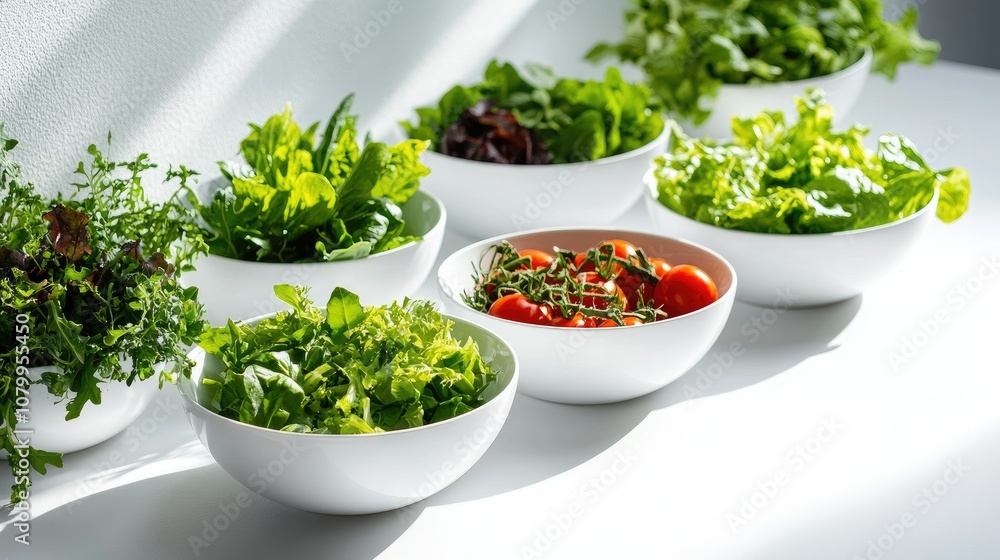 Fresh and Vibrant Salad Ingredients Displayed in White Bowls on a Light Surface for Healthy Eating, Cooking and Culinary Inspiration Fresh and Vibrant Salad Ingredients Displayed in White Bowls on a Light Surface for Healthy Eating, Cooking and Culinary Inspiration