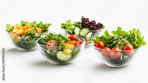 Fresh and Colorful Salad Bowls with Mixed Greens, Tomatoes, Cucumbers, and Various Vegetables on a White Background for Healthy Eating and Meal Preparation