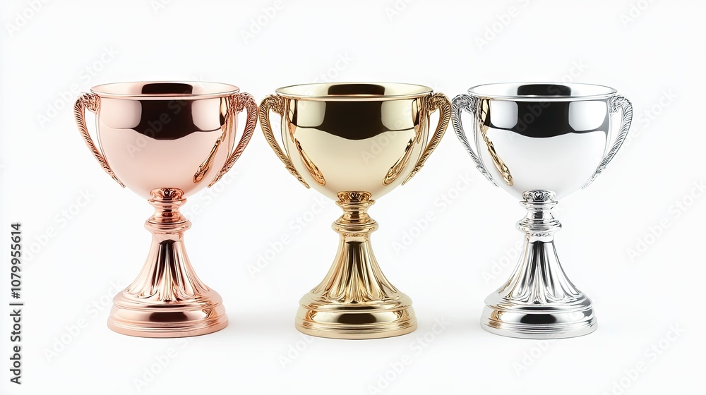 Showcasing Three Elegant Trophy Designs in Distinct Metallic Finishes for Awards, Celebrations, or Recognition Events with Shiny Rose Gold, Gold, and Silver Colors Showcasing Three Elegant Trophy Designs in Distinct Metallic Finishes for Awards, Celebrations, or Recognition Events with Shiny Rose Gold, Gold, and Silver Colors