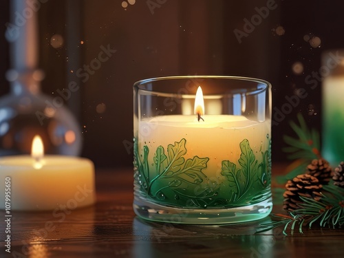 Cozy Candle in Glass Vessel with Warm Christmas Background photo