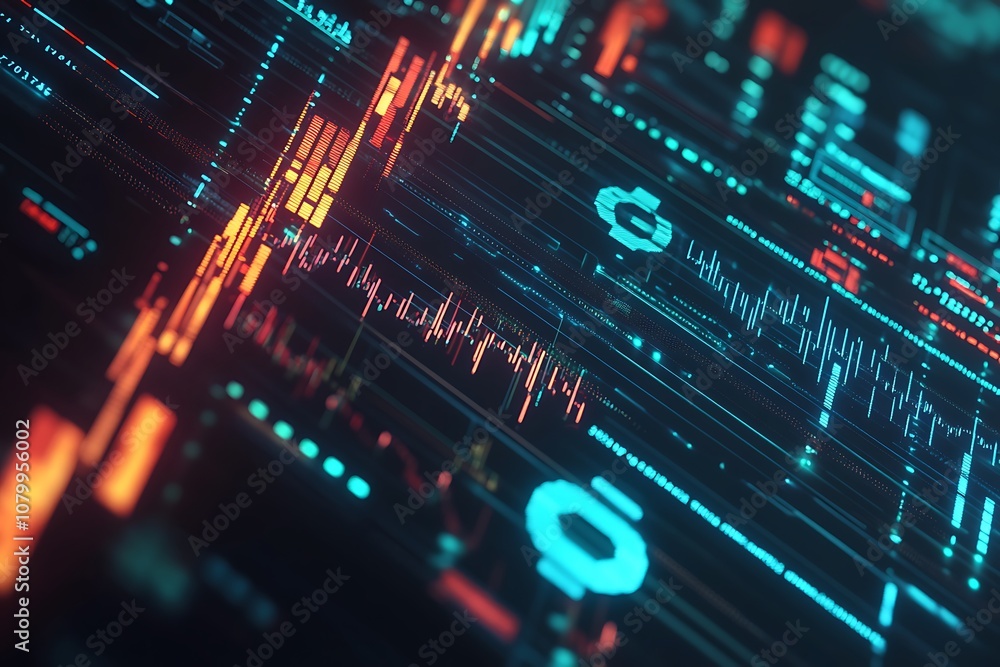 Abstract Digital Interface with Blue and Red Glowing Lines and Data Abstract Digital Interface with Blue and Red Glowing Lines and Data