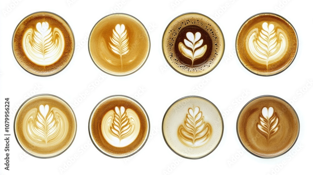Artistic Presentation of Various Coffee Drinks with Beautiful Latte Art Designs, Showing Different Textures and Colors in a Visually Striking Arrangement Artistic Presentation of Various Coffee Drinks with Beautiful Latte Art Designs, Showing Different Textures and Colors in a Visually Striking Arrangement
