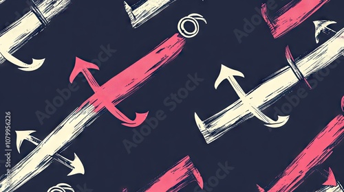 Stylized pattern featuring bold pink and cream anchors on a dark background, evoking a nautical theme. photo